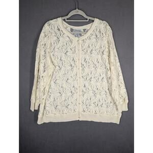 Maggie Barnes Catherines Blouse Womens 1X Ivory Floral Lace Sheer Button Up NWT